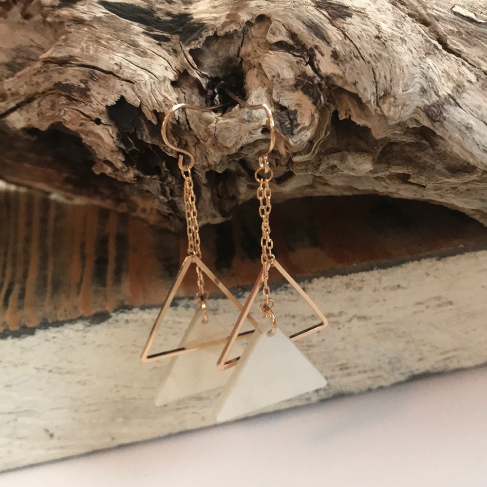 Neutral gold and white triad dangling earrings